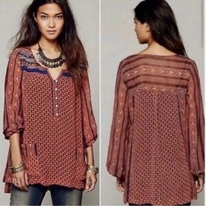 Free People Feather in the Wind Beaded Sheer Chiffon Orange Women's Tunic Size S